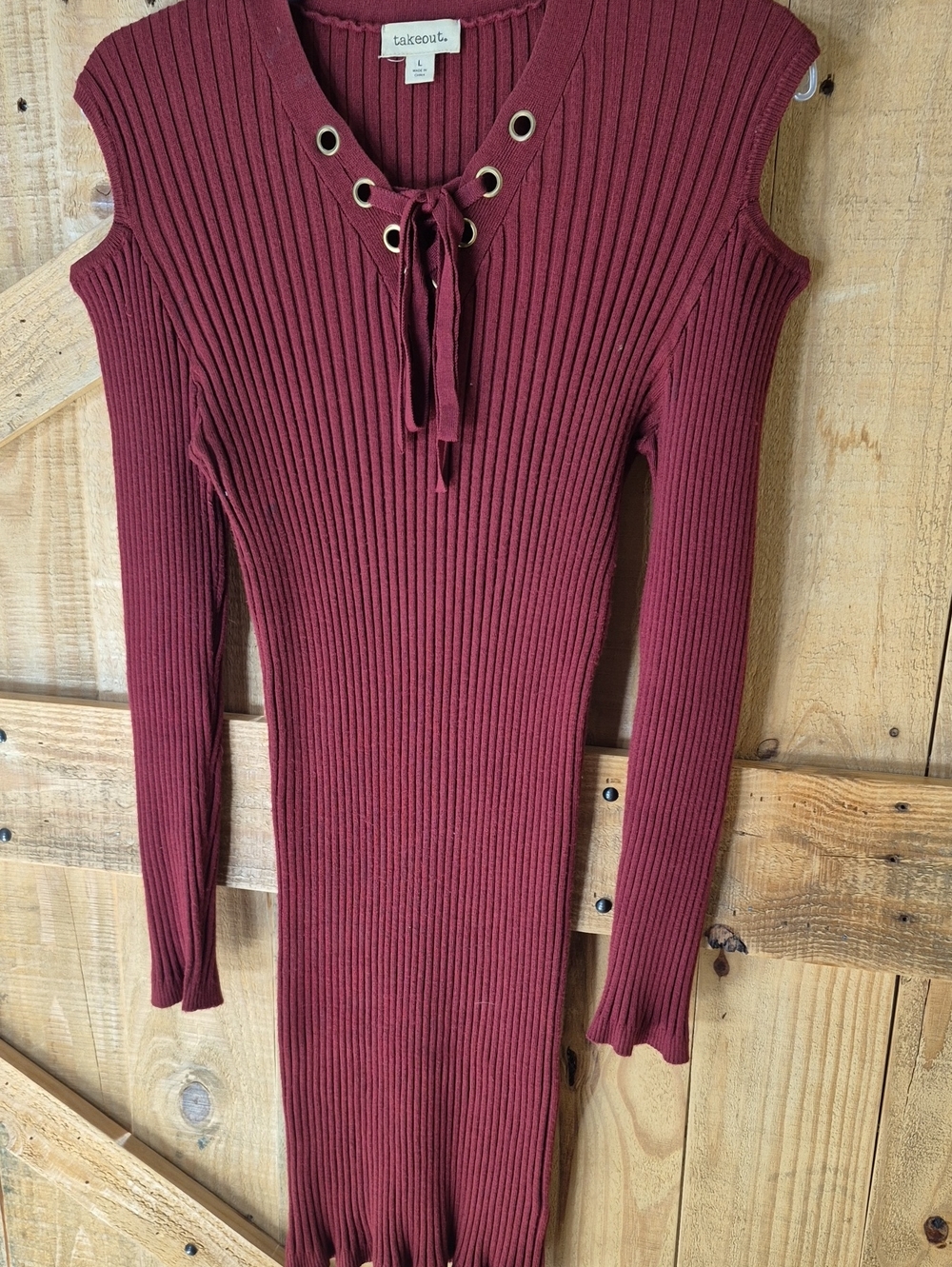 Takeout Long-Sleeve Ribbed Lace-Up Cold-Shoulder Dress in Burgundy